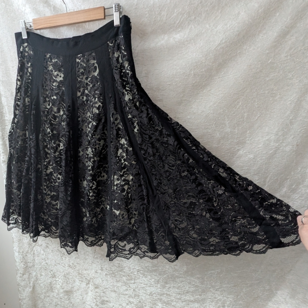 Sundance Vintage Black Lace Cream Midi Skirt Flare XL 12